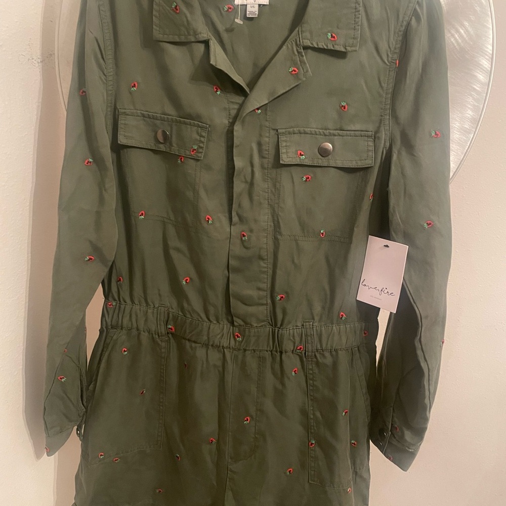 love, Fire Olive Jumpsuit with Red Embroidery